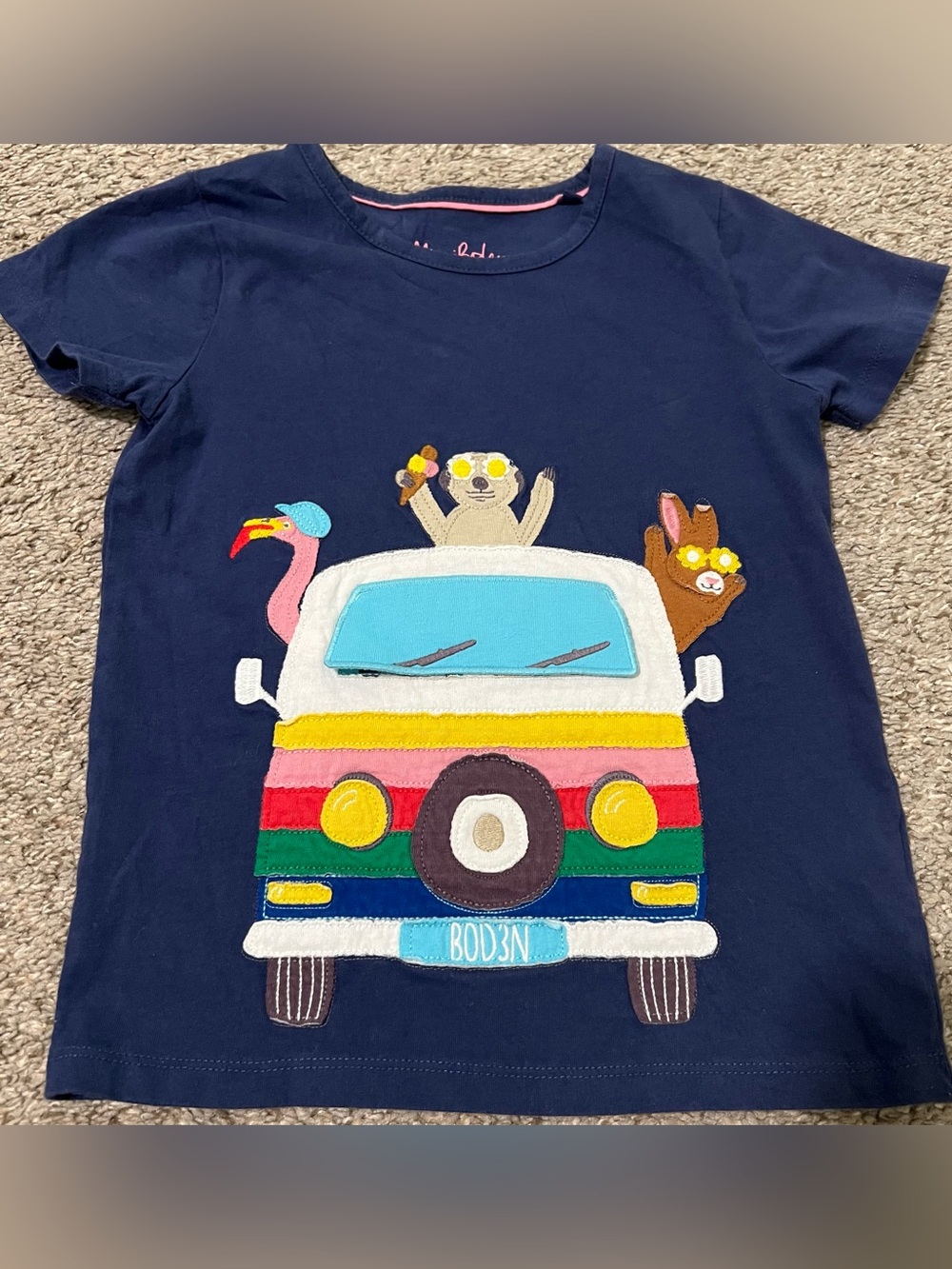 Mini Boden Navy T-Shirt with Rainbow Camper and Animal Appliqués Size 6/7